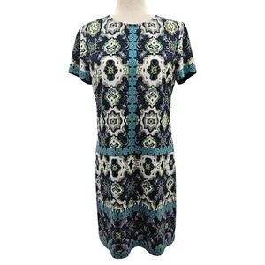 London Times Womens Size 10 Blue Green Kaleidoscope Geometric Shift Dress